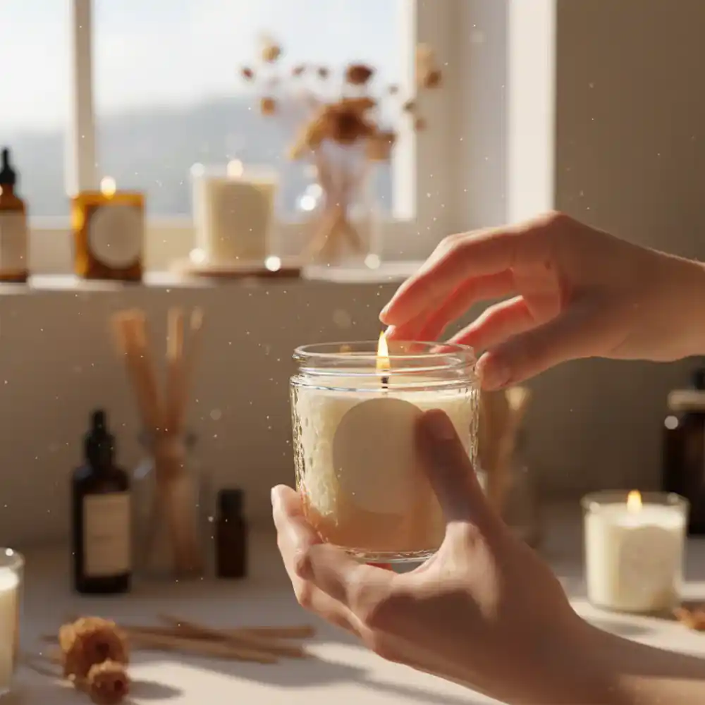 Detailed shot of applying a label to a finished candle