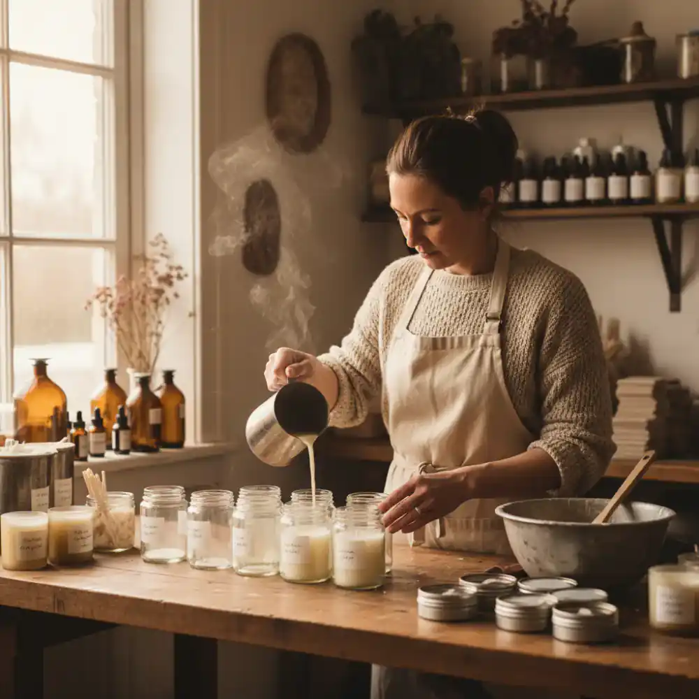 Founder of WaxLore Studio preparing a batch of candles