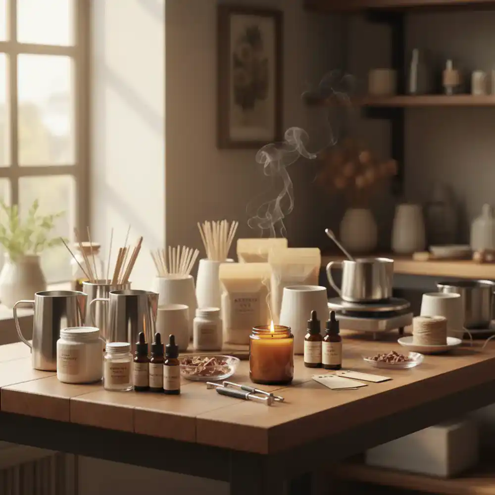 Studio workbench with candle making tools