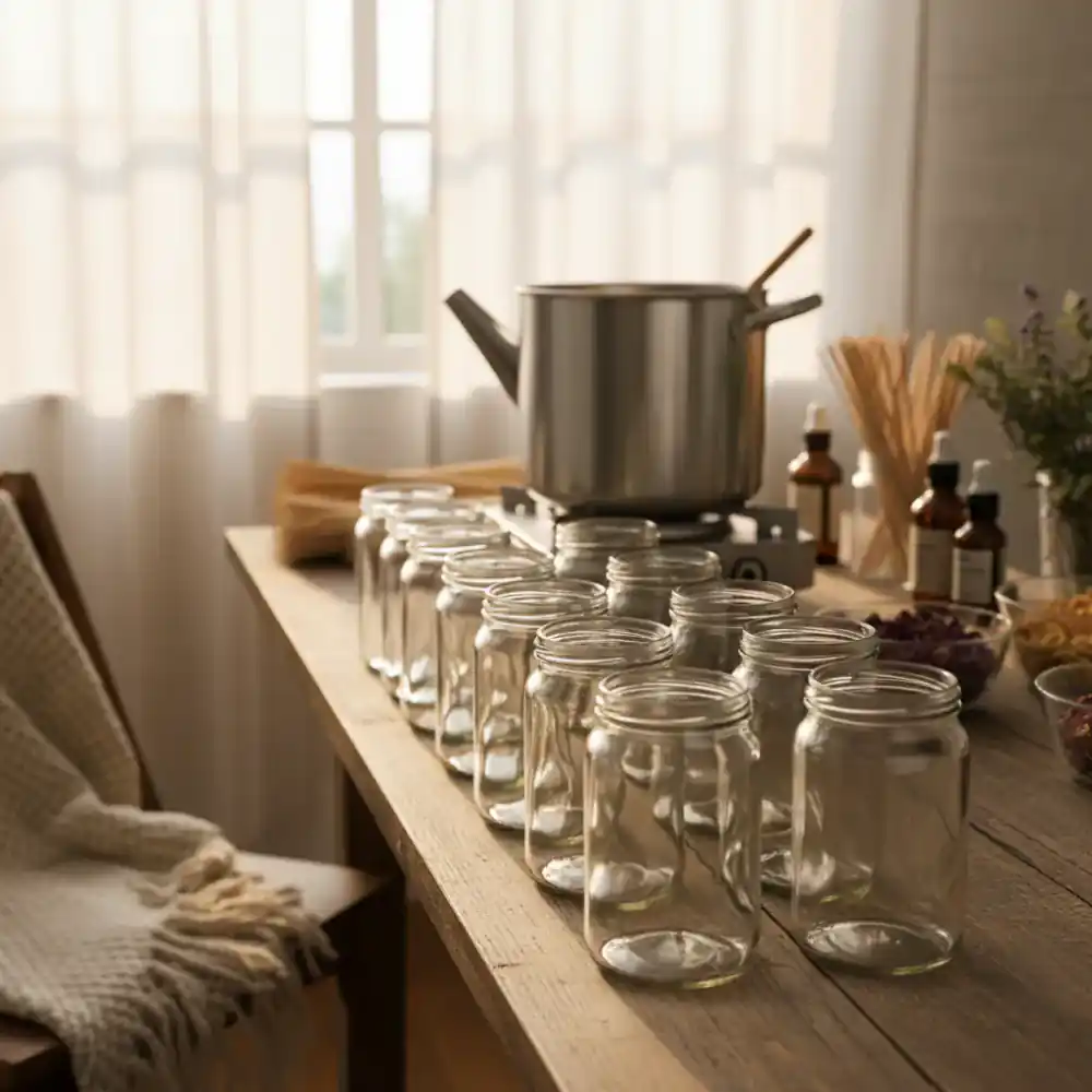 Jars lined up waiting for hot wax