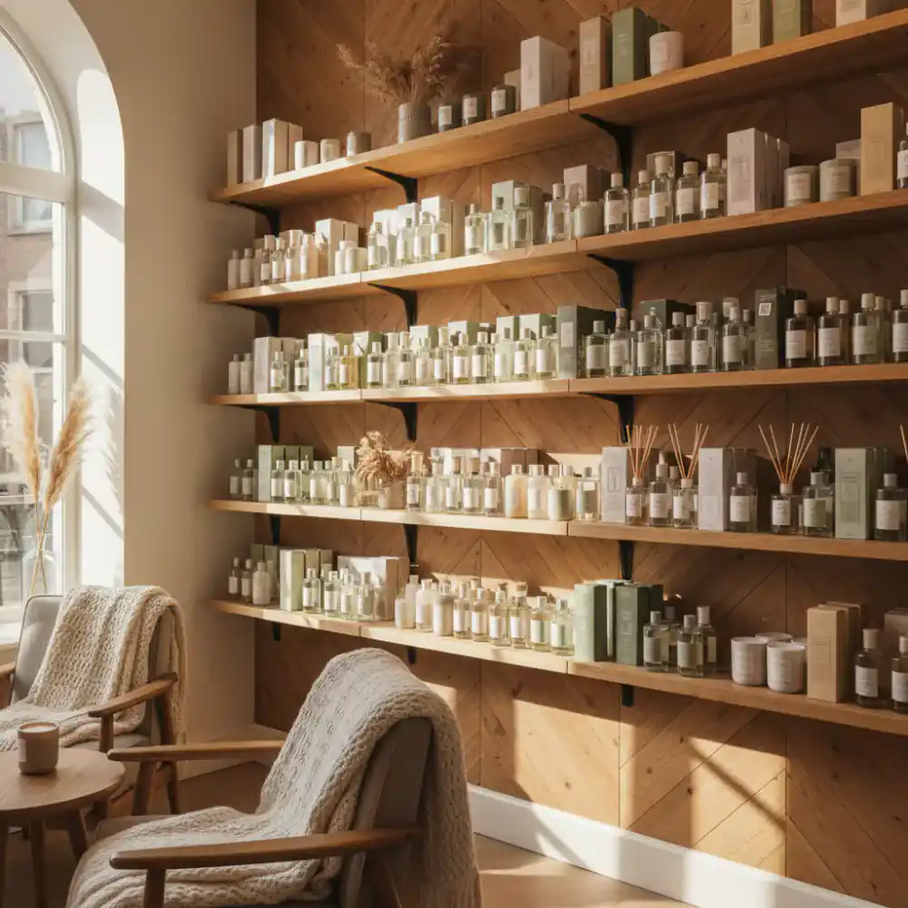 Shelves stocked with finished home fragrances