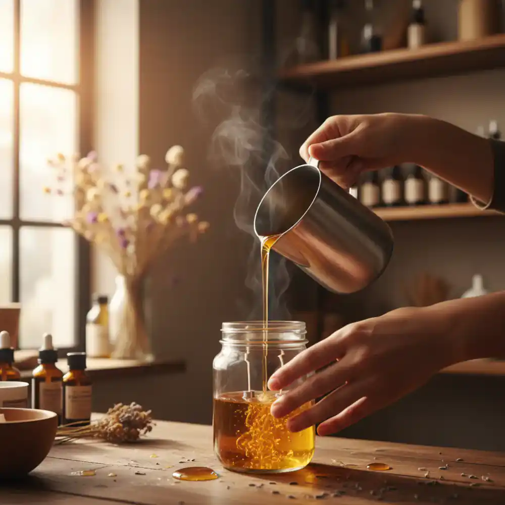 Hand pouring hot wax into a jar