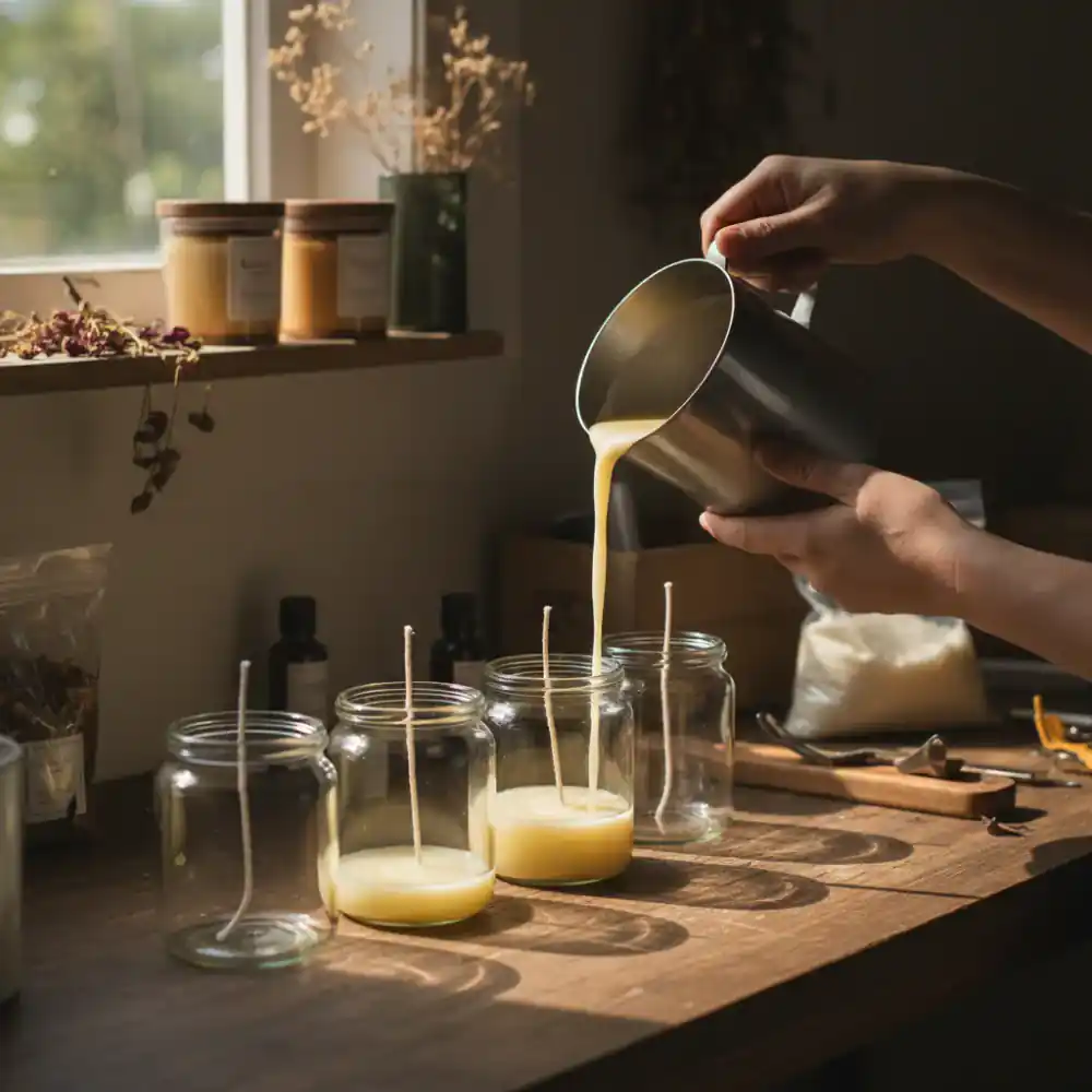 Close up of a candle maker pouring hot wax into glass jars