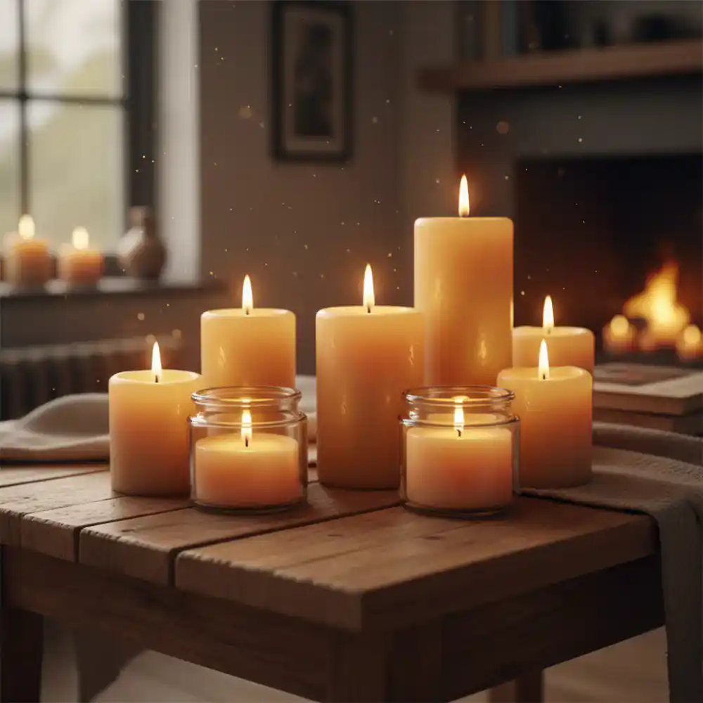 A collection of varied lit candles on a warm textured table