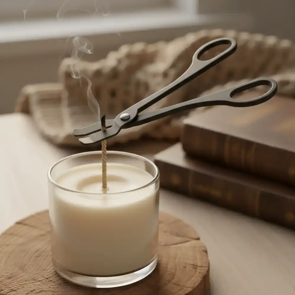 Trimming a candle wick with scissors