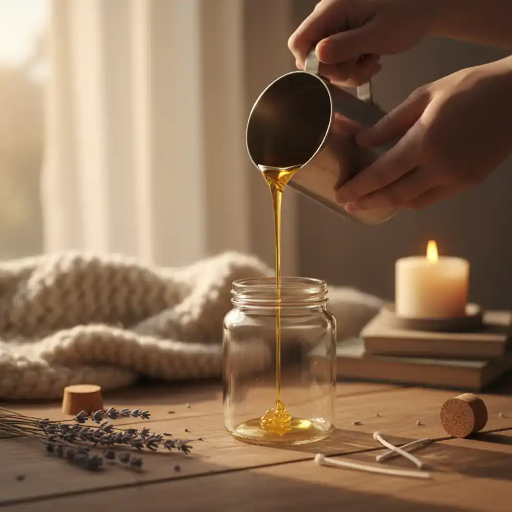 Pouring melted wax into a jar