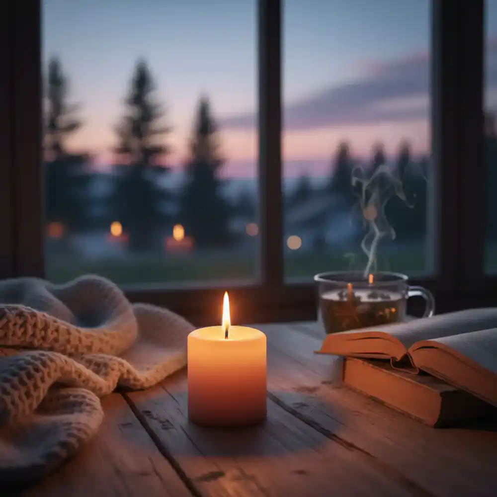 Candle glowing warmly as evening falls