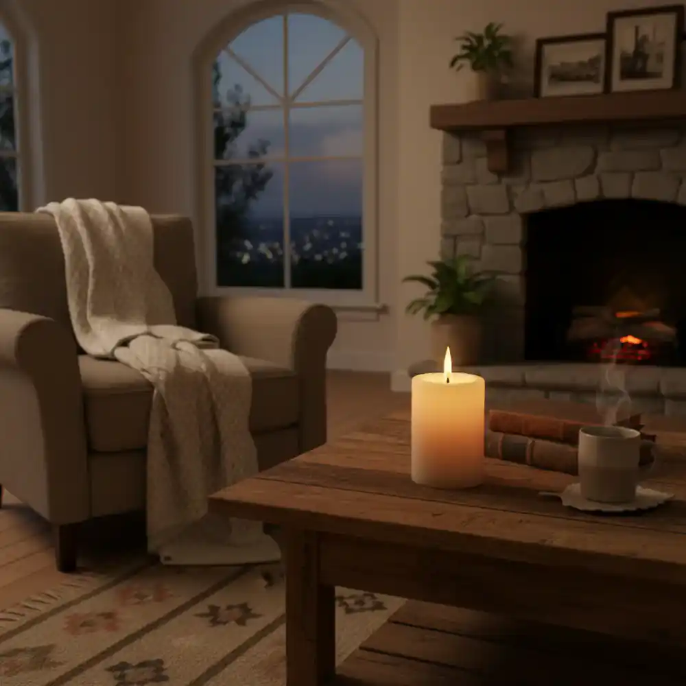 A softly lit room with a burning candle on a wooden table