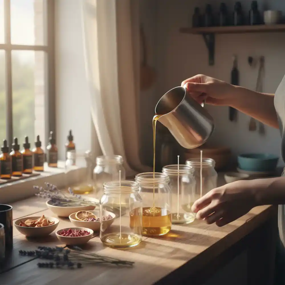 Artisan carefully pouring liquid wax into glass jars