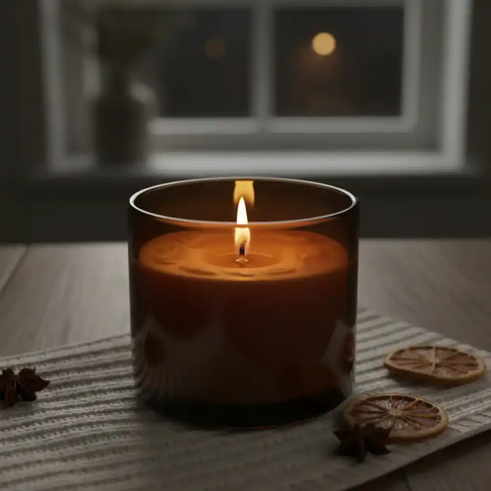 Midnight Amber Candle in a dark glass vessel